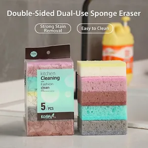 Five-pack of multi-colored high-density sponges for kitchen cleaning and dishwashing
