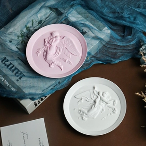 Classical angel relief decorative tray in pink and white for elegant home decor