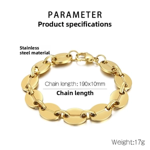 Detail of coffee bean link bracelet in 18K gold plated stainless steel with lobster clasp