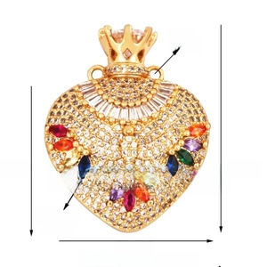 Detailed view of gold-plated crown heart pendant with colorful marquise stones and zircons