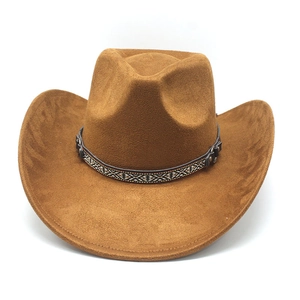Detail of brown cowboy hat with ethnic braided band and metallic rivet accents