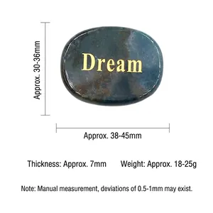 Oval moss agate palm stone with golden Dream engraving and detailed measurements