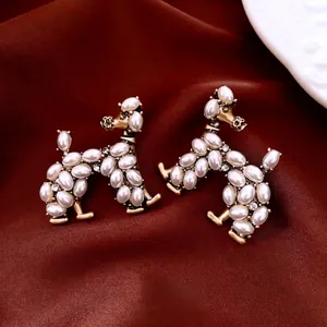 Vintage Poodle Stud Earrings Alloy ABS Artificial Pearl Rhinestone Puppy Animal Shape With Silver Earring Post