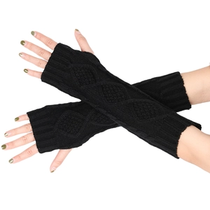 Detailed diamond knit pattern on long black fingerless arm warmers made of soft wool blend