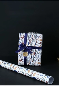 Vintage wrapping paper with icons and a gift box featuring a blue ribbon and tag