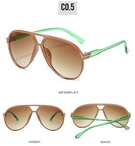 Detailed views of pilot sunglasses with tea gradient lenses and green temples from three angles