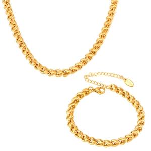 Polished gold stainless steel jewelry set featuring a braided chain necklace and bracelet