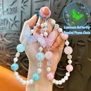 Luminous Butterfly Beaded Phone Chain Cute Acrylic Artificial Pearl Keychain Bag Pendant For Women Girls Daily Accesssory