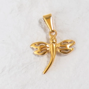 Detailed view of a dragonfly-shaped animal pendant with 24K gold-plated metallic finish