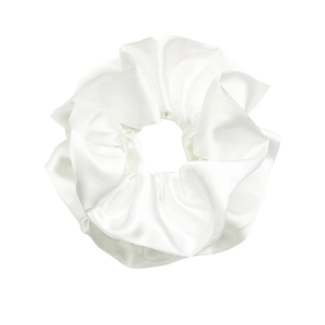 Glossy cream satin scrunchie with double-layer pleated design for stylish buns