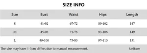 Detailed size chart for deep V halter dress with bust waist hips and length in centimeters