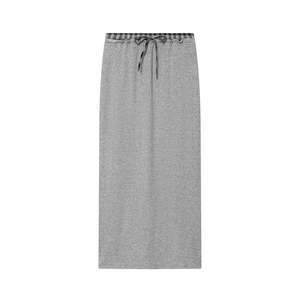 Women casual grey midi skirt featuring stylish plaid pattern drawstring elastic waist