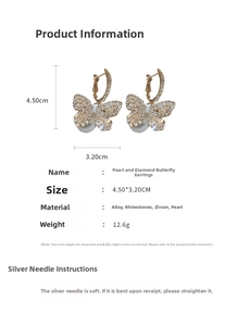 Detailed view of butterfly earrings with pearls and zircons showing precise 4.5cm dimensions