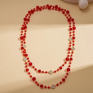 Double-layer long red crystal bead necklace with gold sparkling clover pendant for women