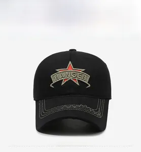 Front view of black baseball cap with red star and RANGER embroidery on white background