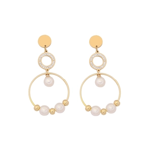Elegant gold earrings with sparkling diamonds and pearls displayed on white background