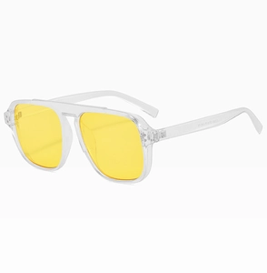 Detail view of transparent yellow sunglasses with S3388 model number and CE mark