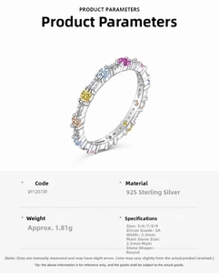 Detailed specs of S925 sterling silver ring with 2.5mm multi-color 5A grade zircons