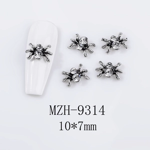 Detail of gothic silver spider nail charms with rhinestones sized 10x7mm for nail art decoration