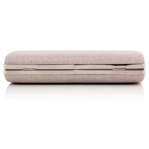Elegant champagne gold rectangular clutch bag with shimmering texture and silver metal frame