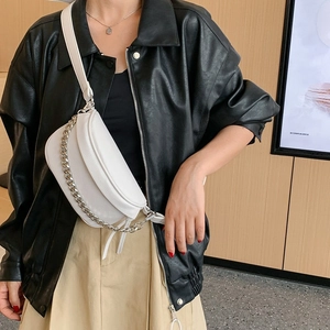 Chic white crossbody chest bag for women with lychee texture and silver metal chain strap