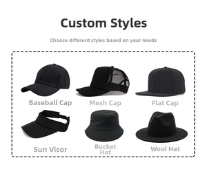Selection of six black hat styles including baseball cap, mesh hat, and sun visor for custom use