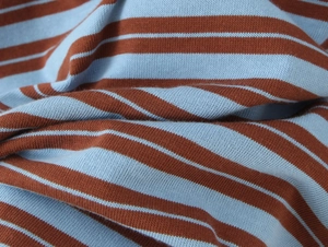 Close-up of blue and brown striped knit fabric texture on long sleeve polo shirt