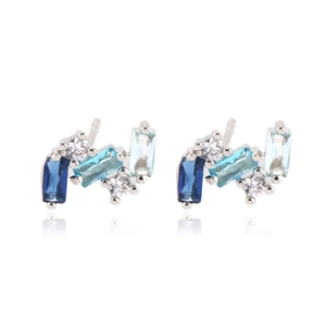 Minimalist silver stud earrings with blue and white zircon stones in irregular cluster shape