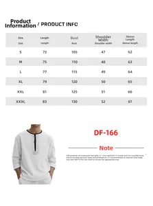 Detailed size chart for American vintage cotton linen long sleeve Henley shirt with measurements