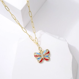 18K gold plated necklace with blue and red enamel butterfly pendant and zircons