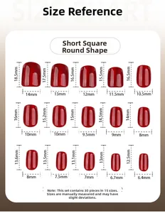 Size chart showing 15 different dimensions for short square burgundy cat-eye press-on nails