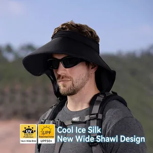 Men ice silk sun hat with 14cm wide brim and neck flap for outdoor UV protection