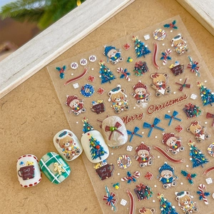 Christmas 3D Relief Nail Stickers Embossed Cartoon Bear Christmas Tree Bow Adhesive Manicure Decoration For DIY Nail Art