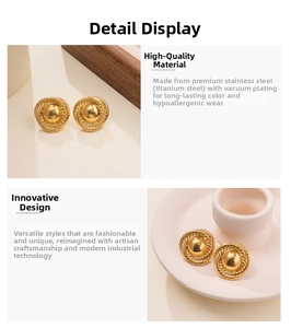 Detailed close-up of gold 18k stainless steel earrings with woven texture and dome design