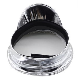 Detailed top view of a silver metallic laser PU leather navy hat with black interior lining