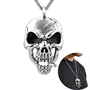 Skull Head Pendant Necklace Stainless Steel Hollow Smoking Cigar Punk Gothic Hip Hop Retro Style Men Jewelry