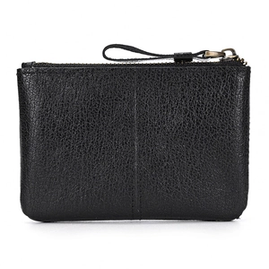 Genuine black lychee grain leather coin purse with metal zipper and leather puller
