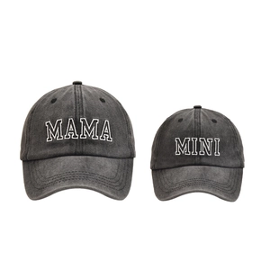 Washed dark grey MAMA MINI parent-child baseball cap set with white embroidery
