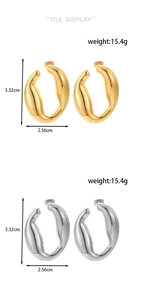 Detail view of chunky irregular hoop earrings showing dimensions 3.32cm and 15.4g weight