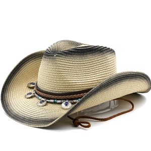 Western Cowboy Straw Hat Gradient Color Paper Straw Wide Brim Sun Protection Ethnic Band Adjustable Wind Rope