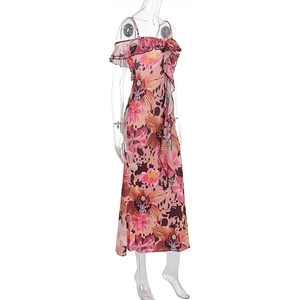 Detail of floral and leopard print fabric with layered ruffles on a summer tube dress