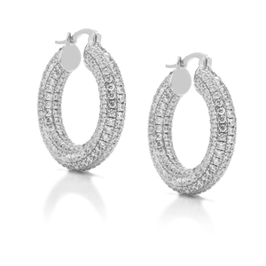 Silver color hoop earrings with pavé set cubic zirconia and luxury polished finish