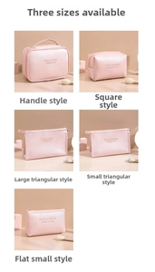 Detail view of pink PU cosmetic bags in five various shapes with Travel & Fashion text