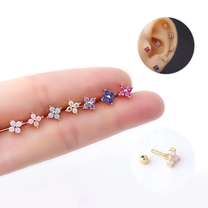 Detailed set of titanium steel floral cartilage earrings with colorful zircon and screw backs