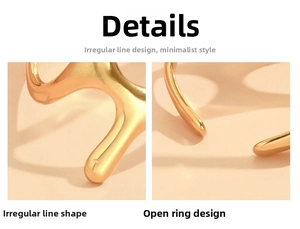 Macro view of minimalist irregular wavy line ring with polished golden finish
