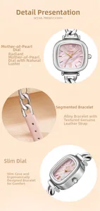 Détail de montre quartz carrée avec cadran en nacre et bracelet chaîne en cuir rose