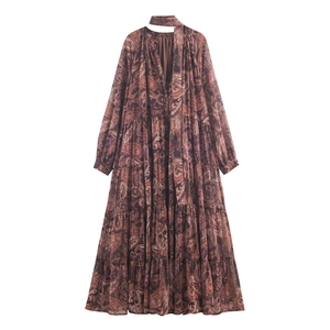 Women Retro Paisley Print Maxi Dress Long Sleeve Tiered Ruffle V Neck Bohemian Vacation Chiffon
