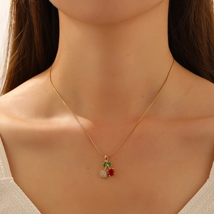 Red Cherry Pendant Necklace Stainless Steel Chain Copper Zircon Rhinestone Elegant Fruit Jewelry For Women