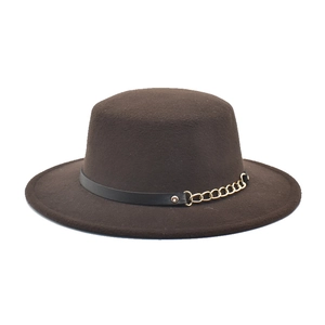 Vintage Flat Top Woolen Felt Fedora Hat With Gold Metal Chain And Black Leather Band British Style Jazz Cap Unisex