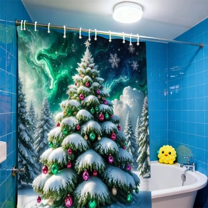 Detail des Weihnachtsbaum-Duschvorhangs mit Polarlichtern und Metallhaken